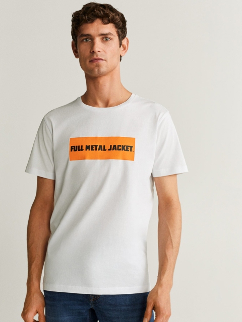 

MANGO MAN White Solid Round Neck T-shirt
