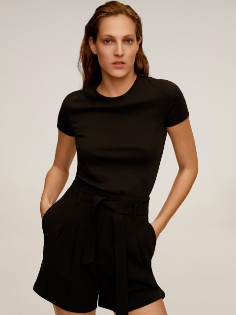 

MANGO Women Black Solid Round Neck T-shirt