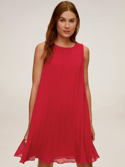 

MANGO Women Red Solid Pleated A-Line Dress