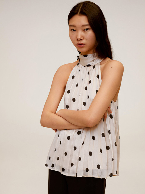 

MANGO Women White & Black Polka Dot Print A-Line Top