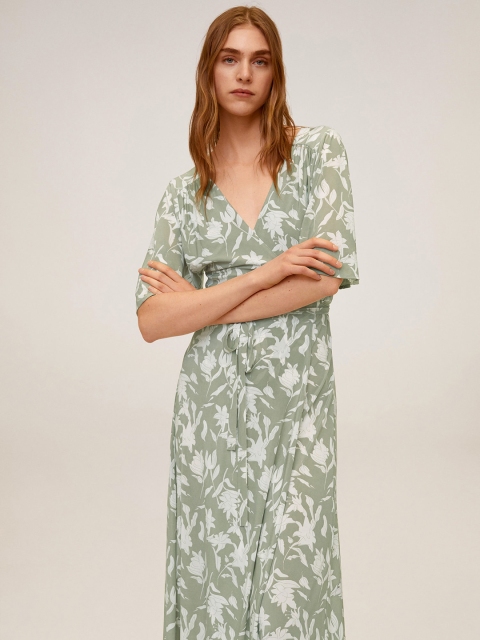 

MANGO Women Green & Off-White Floral Print Wrap Dress