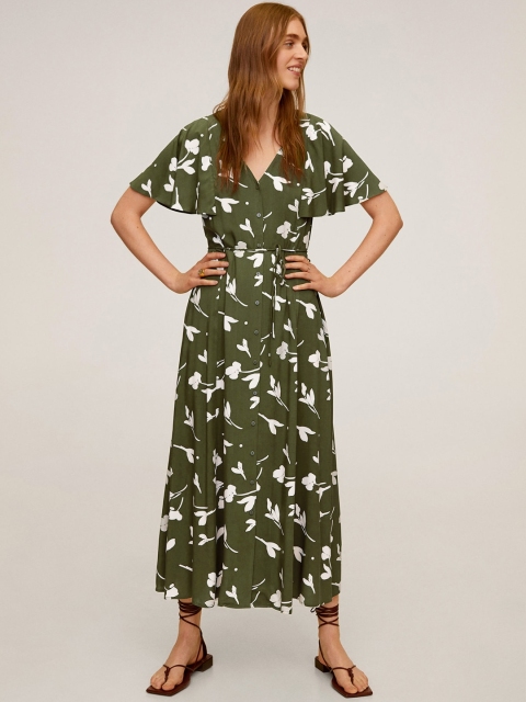 

MANGO Women Olive Green & White Floral Print Maxi Sustainable Dress