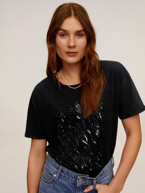 

MANGO Women Black Sequinned Round Neck Pure Cotton T-shirt