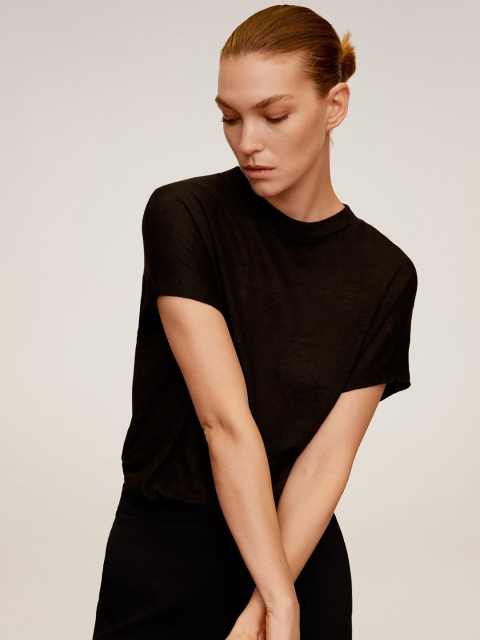 

MANGO Women Black Solid Linen Round Neck T-shirt