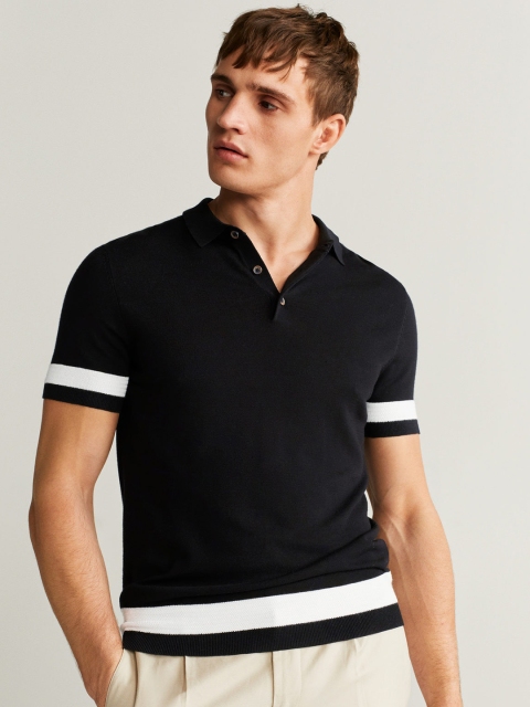 

MANGO MAN Black & White Solid Polo Collar T-shirt