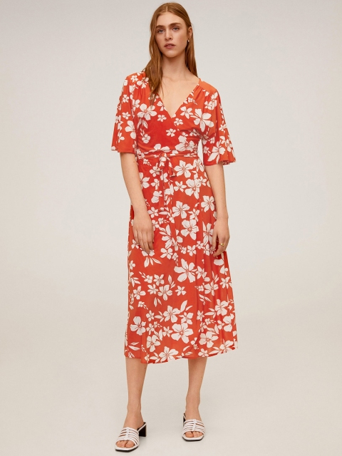 

MANGO Women Red & White Floral Print Wrap Dress