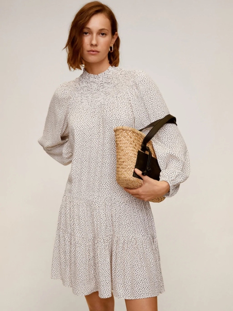 

MANGO Women Off-White & Black Printed A-Line Tiered Dress