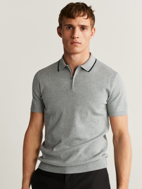 

MANGO MAN Grey Melange Solid Polo Collar T-shirt