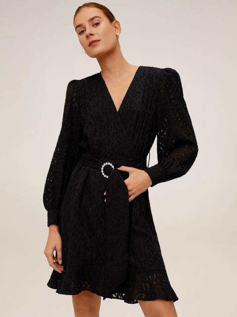 

MANGO Women Black Self Design A-Line Dress