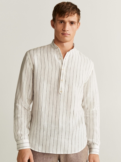 

MANGO MAN White & Black Linen Striped Casual Shirt