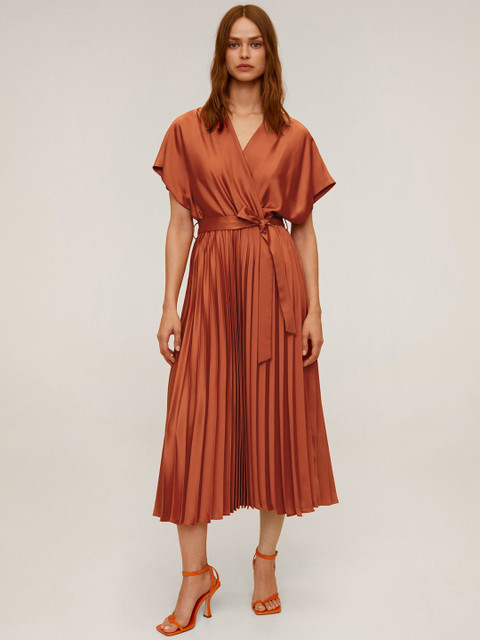 

MANGO Women Rust Orange Solid Accordion Pleated Wrap Dress