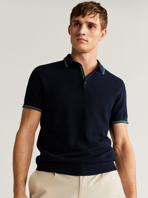 

MANGO MAN Men Navy Blue Self-Design Polo Collar T-shirt