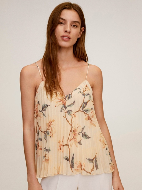 

MANGO Women Beige Floral Printed Accordion Pleated A-Line Top