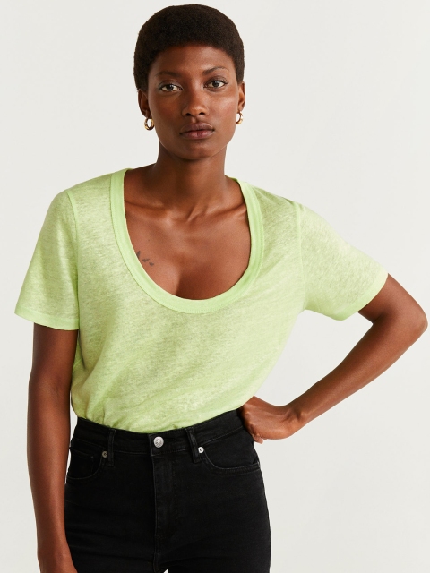 

MANGO Women Lime Green Linen Solid Scoop Neck T-shirt