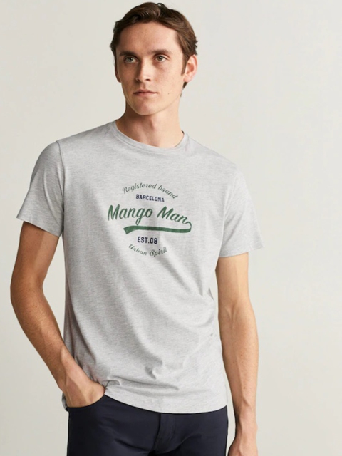 

MANGO MAN Men Grey Melange & Green Printed Round Neck T-shirt
