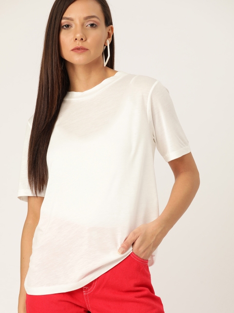 

MANGO Women Off-White Solid Semi-Sheer Round Neck T-shirt