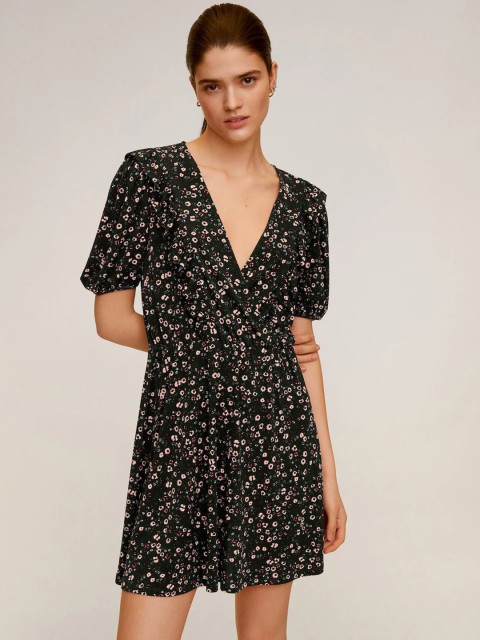

MANGO Women Black & White Floral Print A-Line Dress