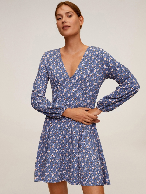 

MANGO Women Blue & Off-White Floral Print Tiered A-Line Dress