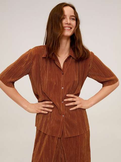

MANGO Women Brown Regular Fit Accordion Pleated Casual Shirt