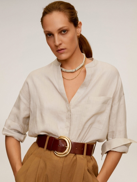 

MANGO Women Beige Regular Fit Solid Linen Casual Shirt