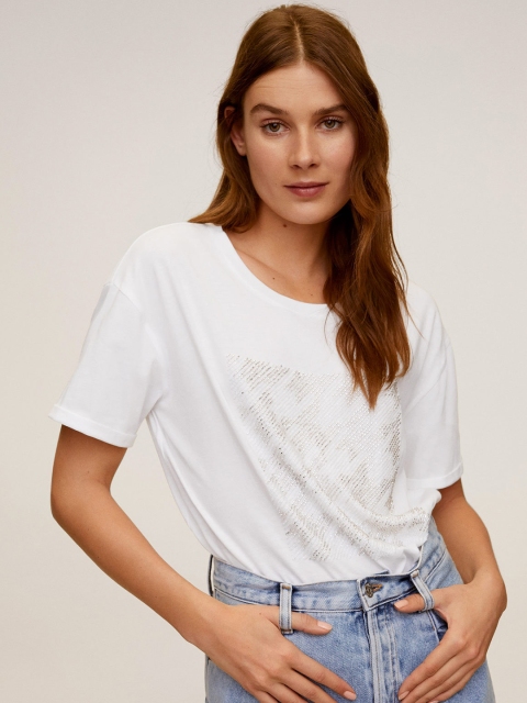

MANGO Women White Embellished Round Neck T-shirt