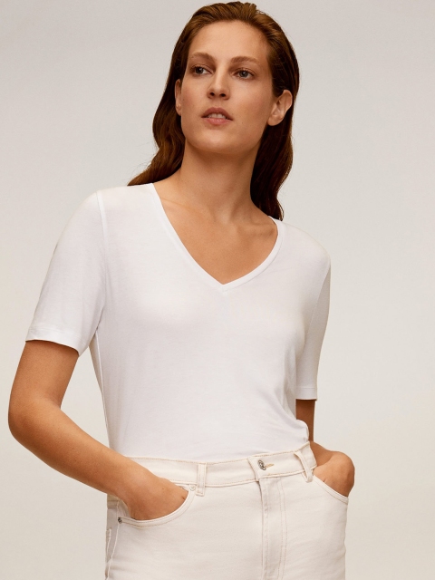 

MANGO Women Off-White Solid V-Neck T-shirt