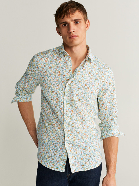 

MANGO MAN White & Blue Floral Print Casual Shirt