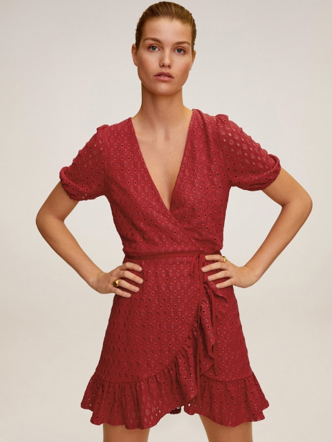 

MANGO Women Red Self Design Wrap Dress
