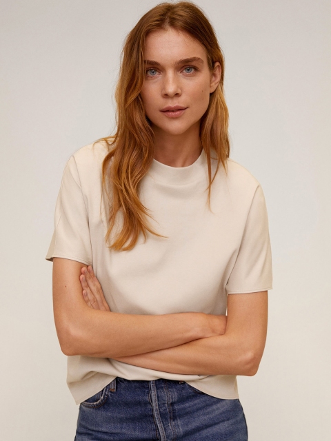 

MANGO Women Off-White Solid Round Neck T-Sustainable Shirt