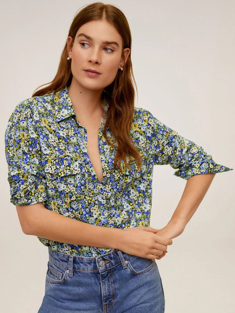 

MANGO Women Blue & Yellow Regular Fit Floral Printed Casual Shirt