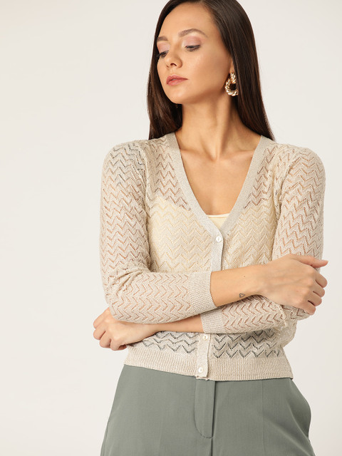 

MANGO Women Beige Open-Knit Cardigan Sweater