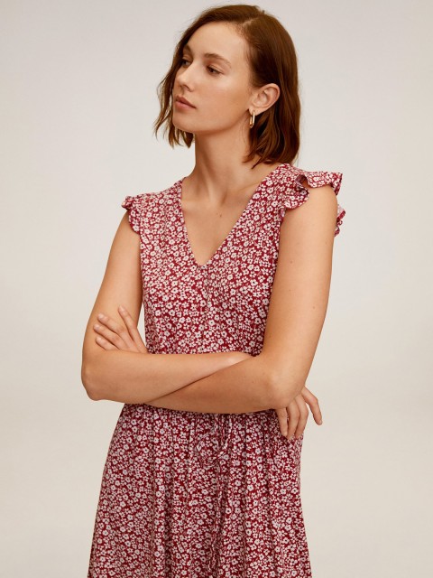 

MANGO Women Red & White Floral Printed A-Line Dress With Belt