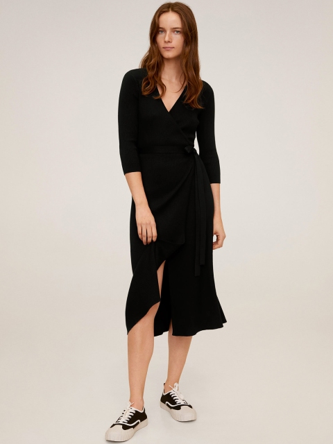 

MANGO Women Black Solid Ribbed Wrap Dress