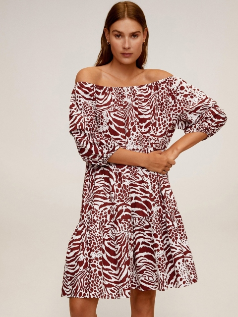

MANGO Women White & Rust Red Animal Print Off-Shoulder A-Line Sustainable Dress