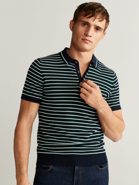 

MANGO MAN Men Navy Blue & White Self-Striped Polo Collar T-shirt
