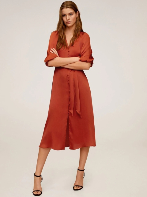 

MANGO Women Rust Orange Solid A-Line Dress