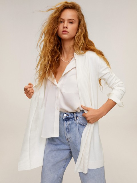 

MANGO Women White Solid Front-Open Longline Sweater