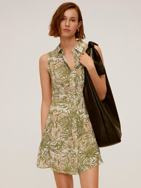 

MANGO Women Olive Green & Beige Tropical Print Shirt Dress