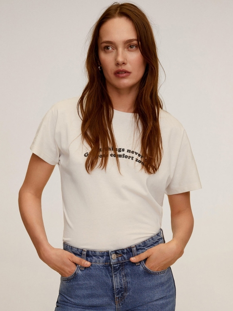 MANGO Women Beige Solid Round Neck T-Sustainable Shirt