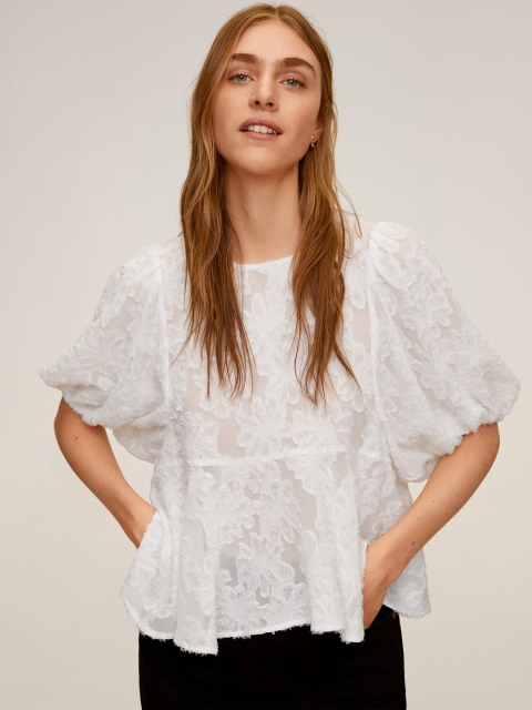 

MANGO Women White Semi-Sheer Floral Embroidered A-Line Top