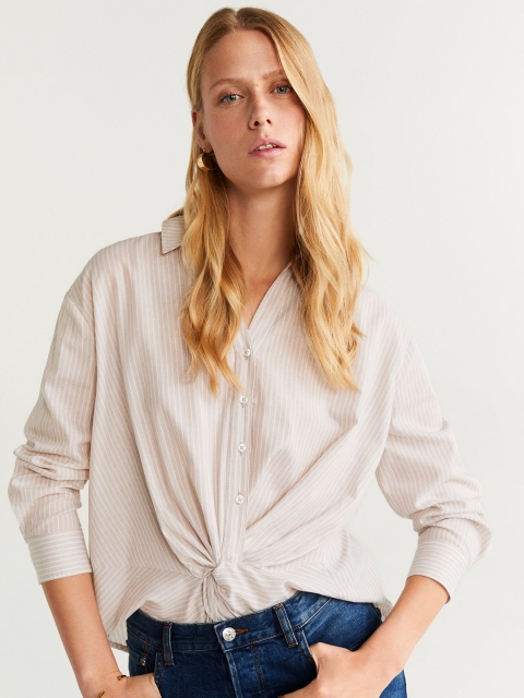

MANGO Women Beige & Off-White Regular Fit Twisted Striped Casual Shirt