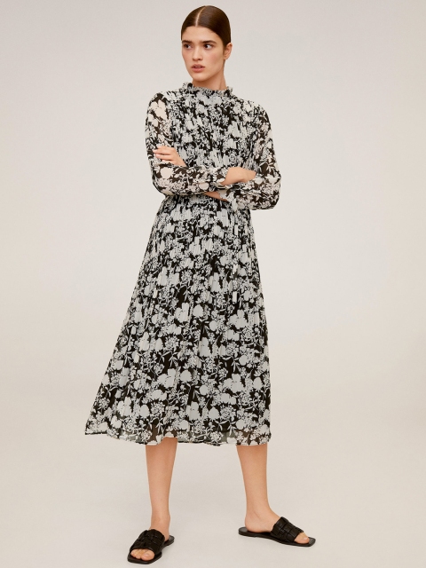 

MANGO Women Black & Off-White Floral Print Pleated A-Line Dress