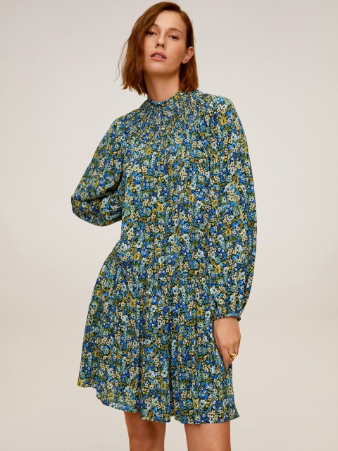 

MANGO Women Blue & Green Floral Print Tiered A-Line Dress