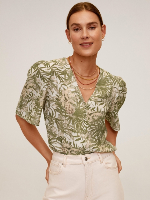 

MANGO Women Green & Off-White Tropical Print Top