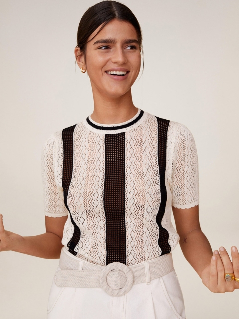 

MANGO Women Off-White & Black Open Knit Striped Top
