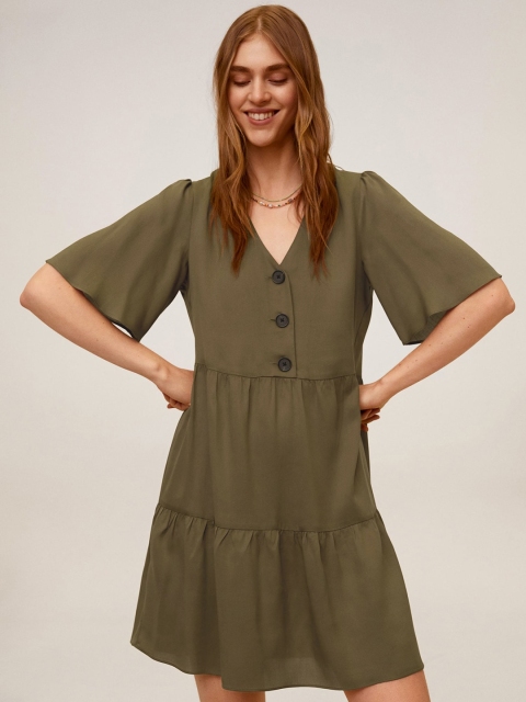 

MANGO Women Olive Green Solid Tiered A-Line Sustainable Dress