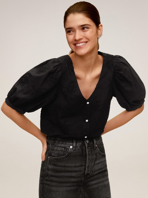 

MANGO Women Black Embroidered Pure Cotton Top