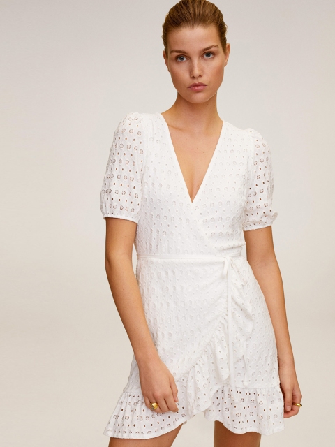 

MANGO Women White Laser Cut Ruffled Wrap Dress With Belt