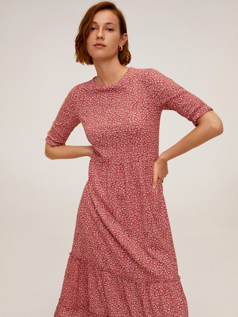 

MANGO Women Rust Red & White Floral Printed Tiered A-Line Dress