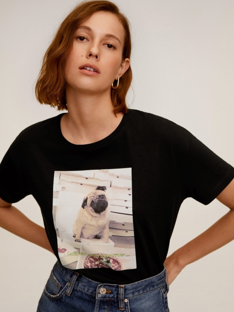 

MANGO Women Black & White Printed Round Neck T-shirt